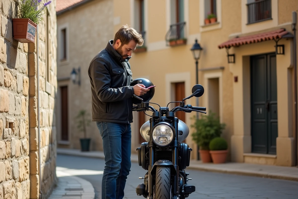Motard en pause dans une ruelle en basalte du vieux Agde avec sa moto garée