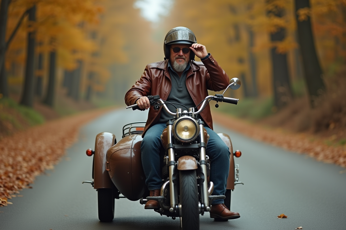 Motard vintage ajustant ses lunettes sur une moto avec sidecar