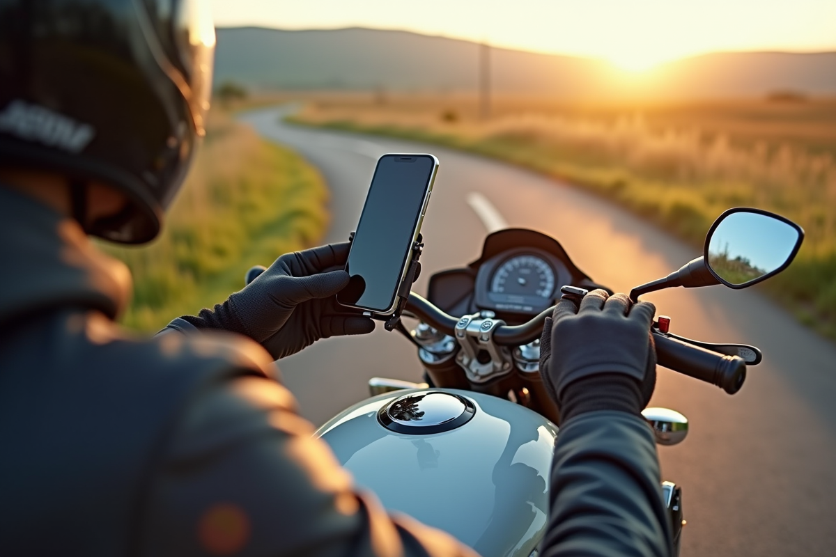 Motard ajustant son téléphone sur la moto en campagne