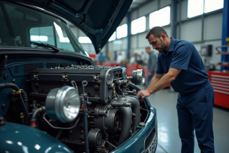 Moteur Citroen inspecte par un mécanicien dans un garage lumineux