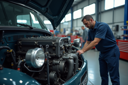 Moteur Citroen inspecte par un mécanicien dans un garage lumineux