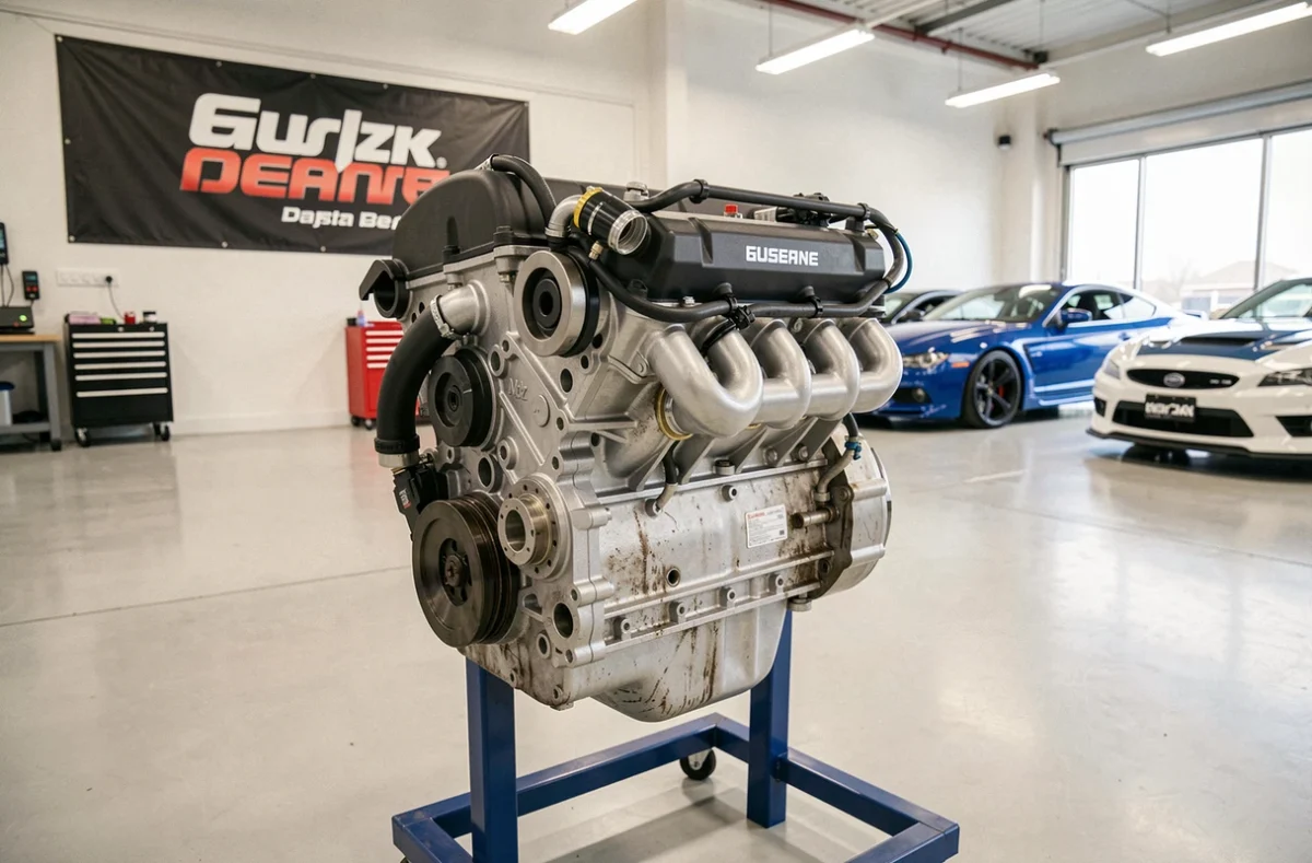 Moteur turbo quatre cylindres sur stand dans un centre de performance automobile spécialisé en reprogrammation