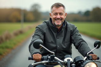 Homme d'âge moyen sur une moto avec sidecar en campagne