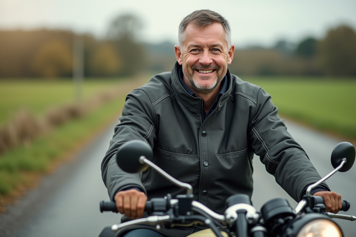 Homme d'âge moyen sur une moto avec sidecar en campagne