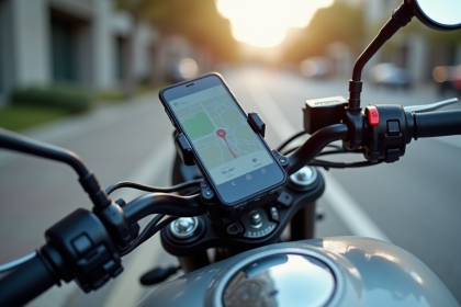 Moto moderne avec smartphone sur guidon pour navigation