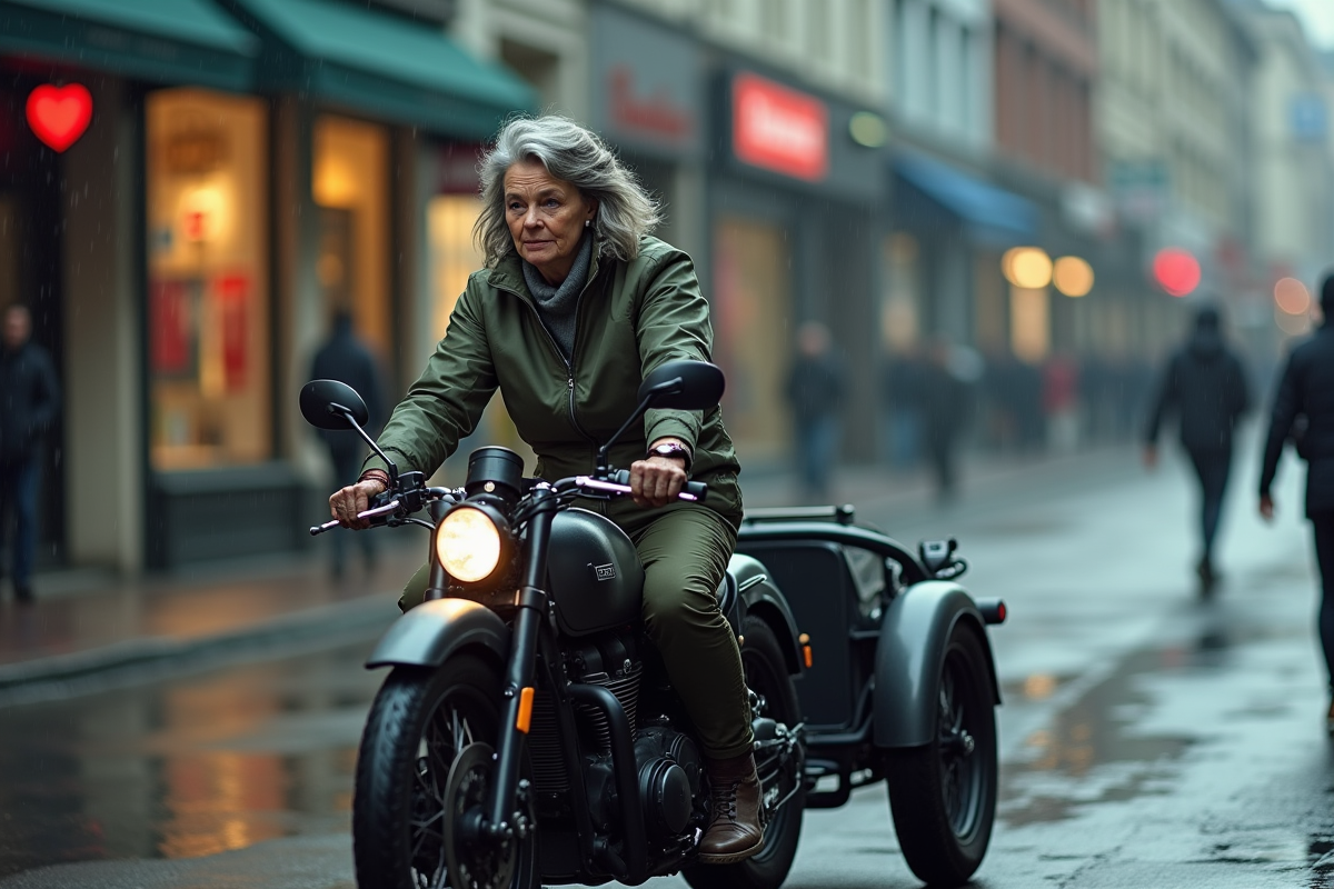 Femme en moto moderne sous la pluie en ville