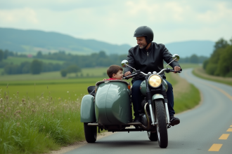 Homme en moto vintage avec enfant sur sidecar en campagne