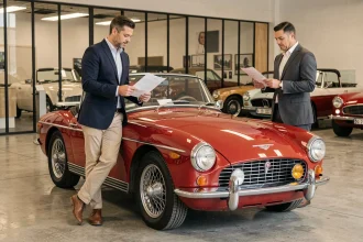 Un acheteur en veste navy négocie le prix d'une Triumph TR3 rouge avec un vendeur professionnel dans un showroom automobile vintage