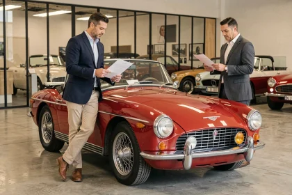 Un acheteur en veste navy négocie le prix d'une Triumph TR3 rouge avec un vendeur professionnel dans un showroom automobile vintage