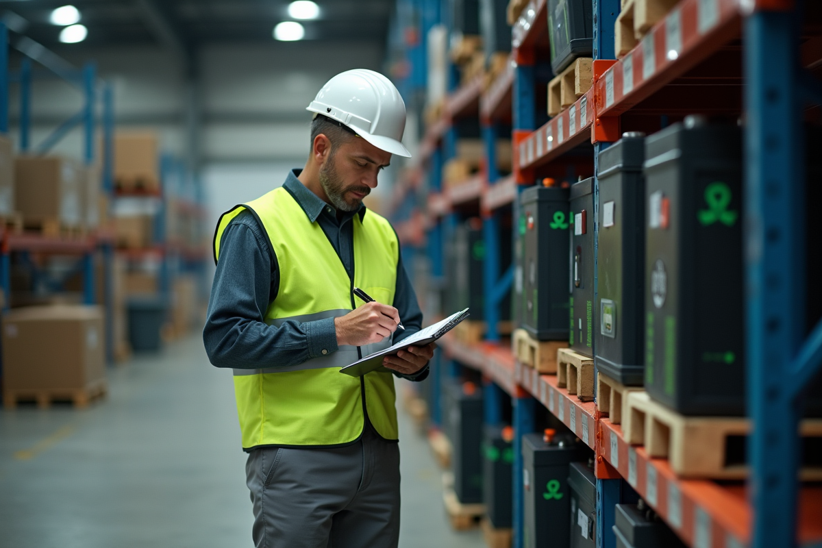 Ouvrier industriel inspecte des batteries de voiture électrique recyclées