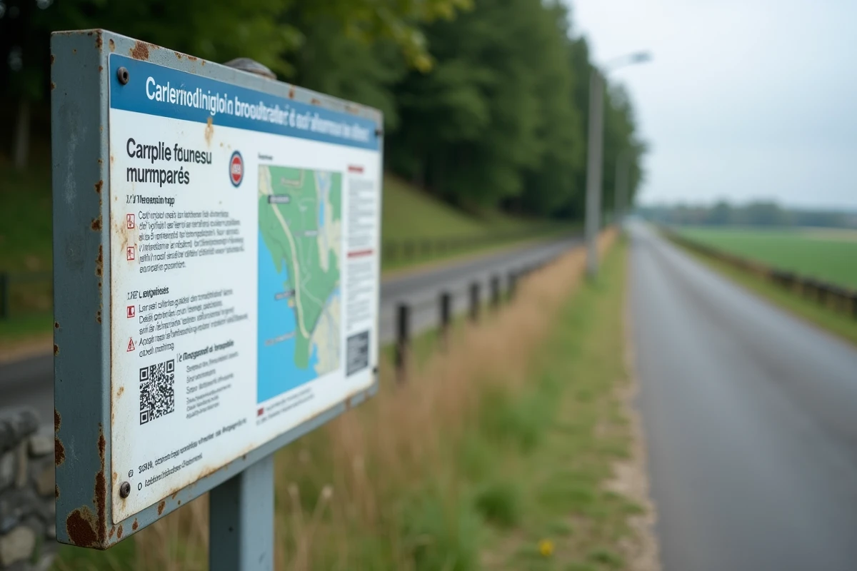 Panneau d'information officiel d'une aire de covoiturage en France avec carte du site et code QR