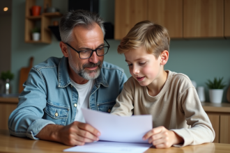 Père et fils discutant de contrats d'assurance auto à la maison
