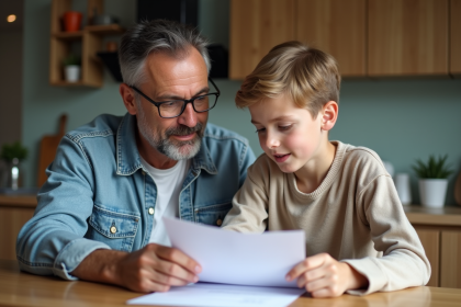 Père et fils discutant de contrats d'assurance auto à la maison