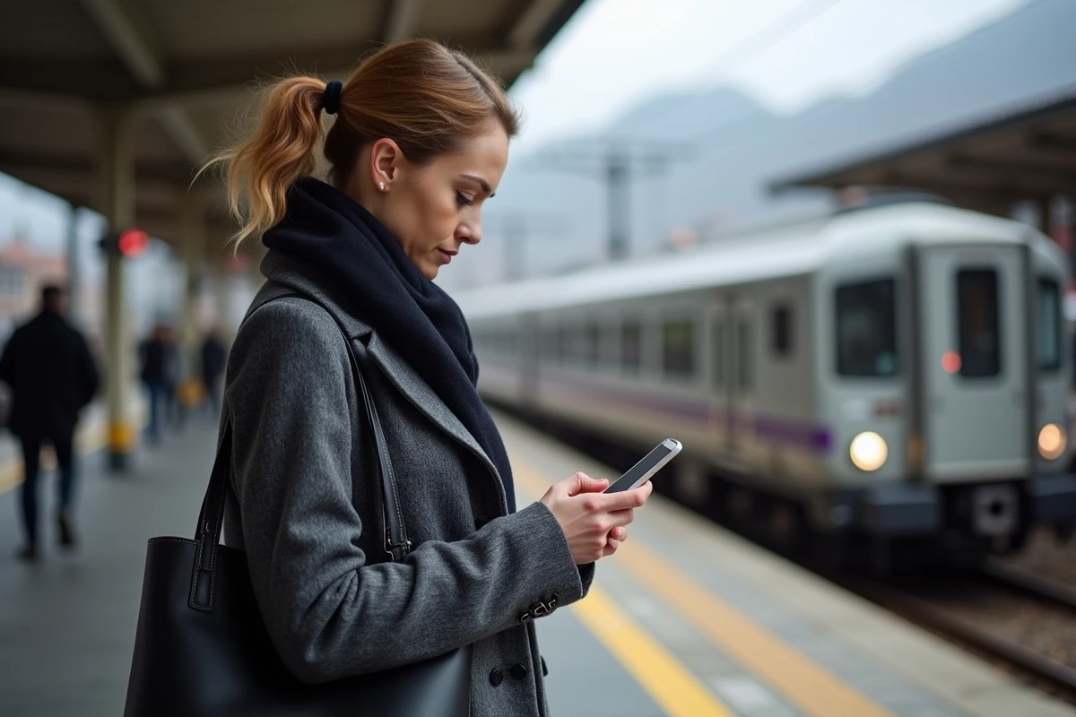 Femme sur un quai de gare près de Thonon-les-Bains consultant son téléphone pour optimiser son trajet frontalier domicile-travail