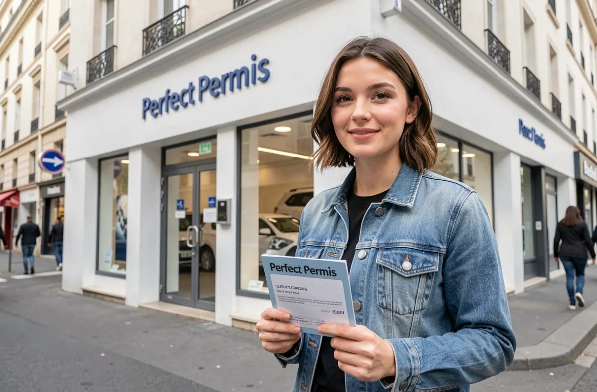 Une jeune femme tenant son livret de permis de conduire devant l'auto-école Perfect Permis à Saint-Étienne