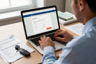 Personne remplissant un devis d'assurance auto sur un ordinateur portable