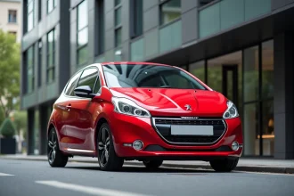 Peugeot 208 GTI rouge stationnée dans une rue urbaine européenne, vue 3/4 avant mettant en valeur la carrosserie sportive