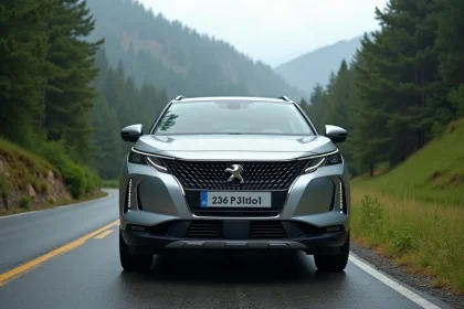 Peugeot 3008 Hybrid 136 e-DCS6 garé sur une route de montagne sinueuse entouré de forêts de pins