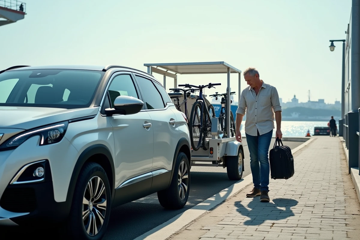 Peugeot 3008 avec remorque chargée de vélos dans un port de ferry, homme vérifiant l'attelage avant le départ en vacances