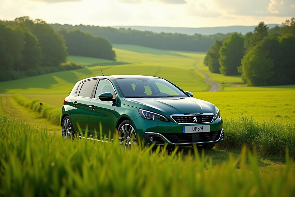 Peugeot 308 hybride en campagne verte avec paysage naturel