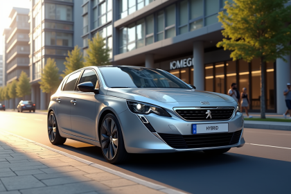Peugeot 308 hybride moderne en ville avec design élégant