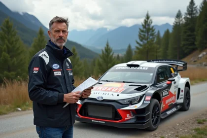 Homme en veste de sport rallye près d'une voiture moderne