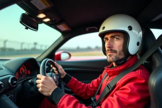 Pilote en combinaison rouge concentré au volant d'une voiture de sport sur circuit lors d'un stage de pilotage