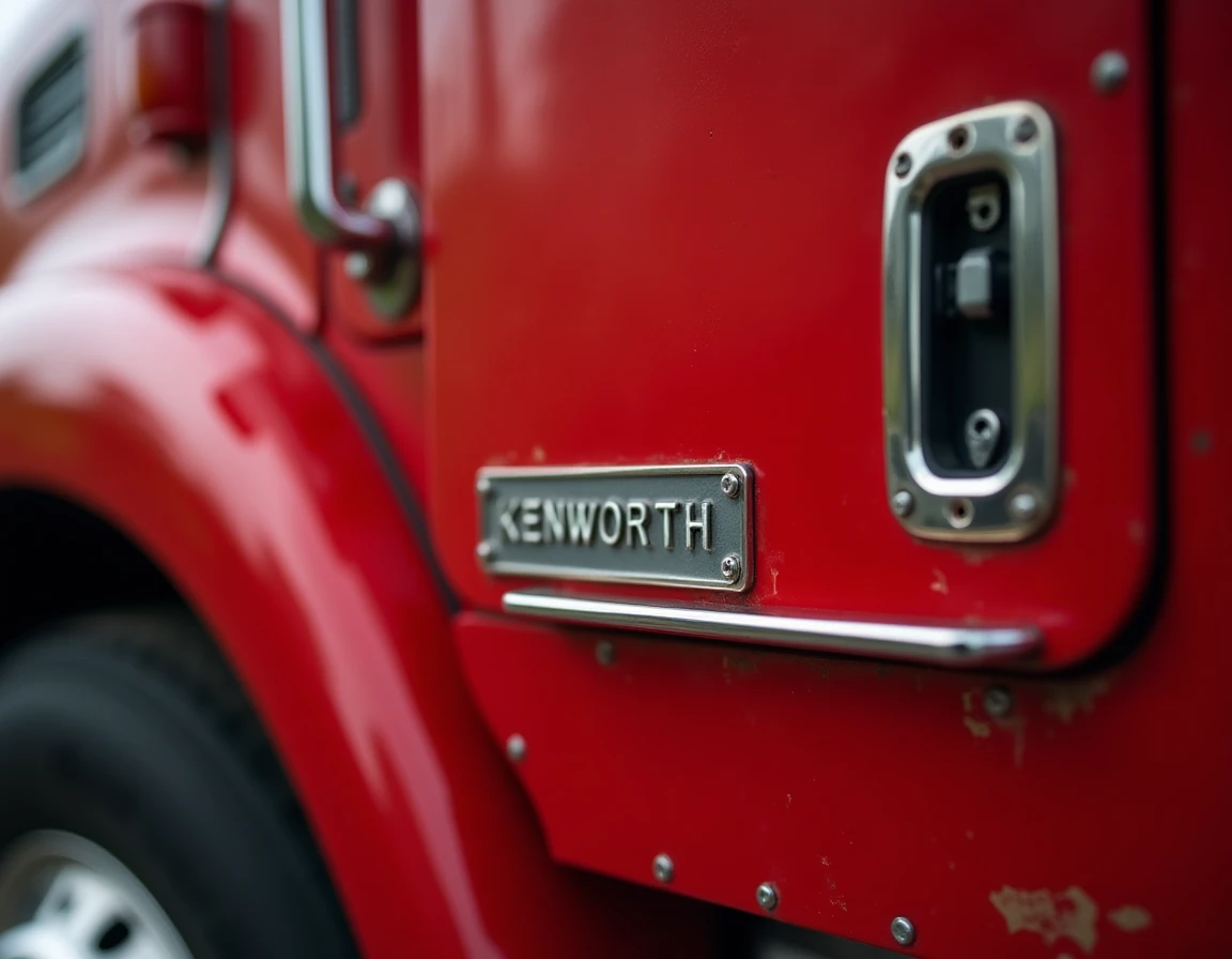 Gros plan sur la plaque d'identification constructeur et le badge authentique d'un Kenworth W900A, détails permettant de distinguer un vrai modèle d'une copie