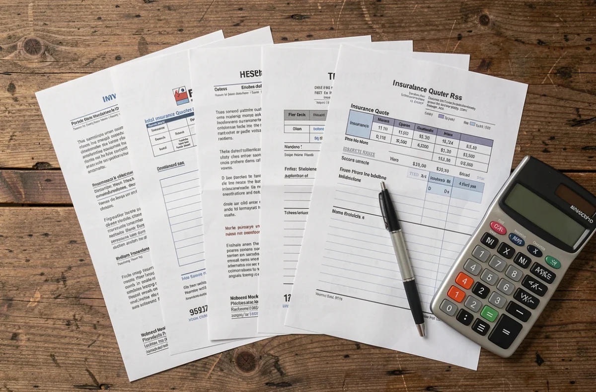 Plusieurs devis d'assurance imprimés posés sur une table avec une calculatrice