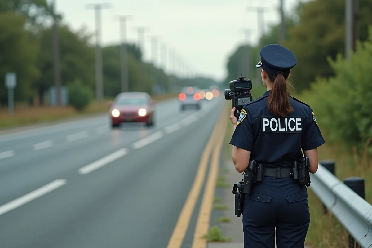 Jeune policiere avec radar sur route suburbain