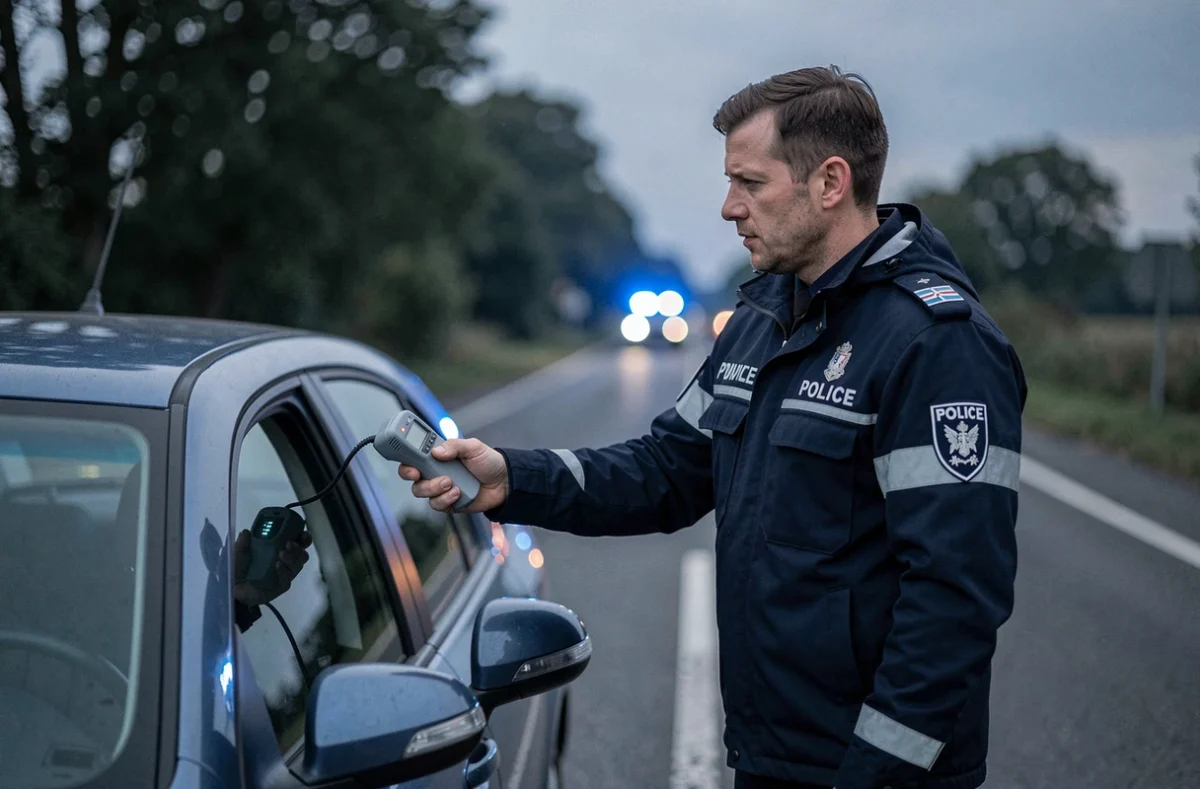 Policier effectuant un contrôle d'alcoolémie avec éthylomètre sur le bord d'une route française