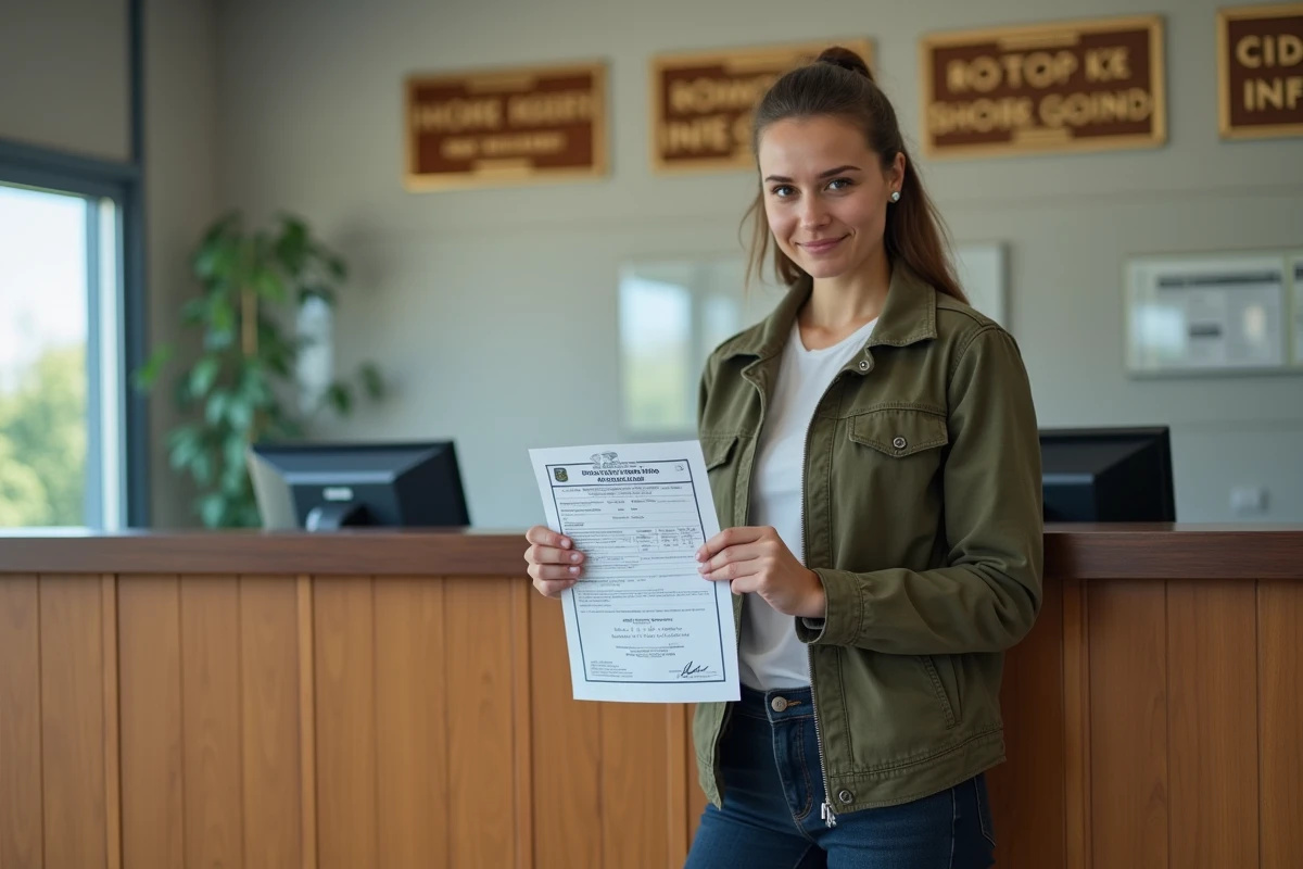 Propriétaire de scooter récupérant son certificat de contrôle technique à l'accueil d'un centre d'inspection