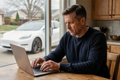 Propriétaire Tesla consultant un forum communautaire en ligne sur son ordinateur portable depuis sa cuisine, avec sa voiture visible en arrière-plan