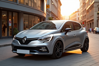 Renault Clio Phase 2 sur une rue moderne en ville au coucher de soleil