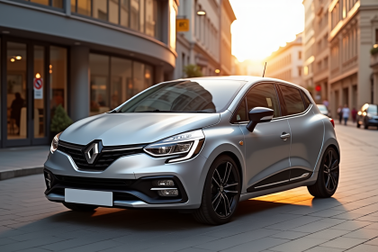 Renault Clio Phase 2 sur une rue moderne en ville au coucher de soleil