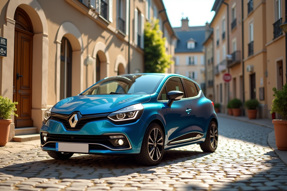 Renault Clio Phase 2 dans une place de village vintage en journée