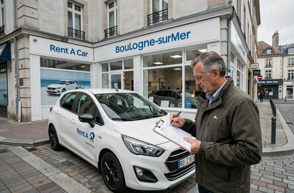 Client vérifiant l'état d'un véhicule de location devant l'agence Rent A Car de Boulogne-sur-Mer avec une liste de contrôle