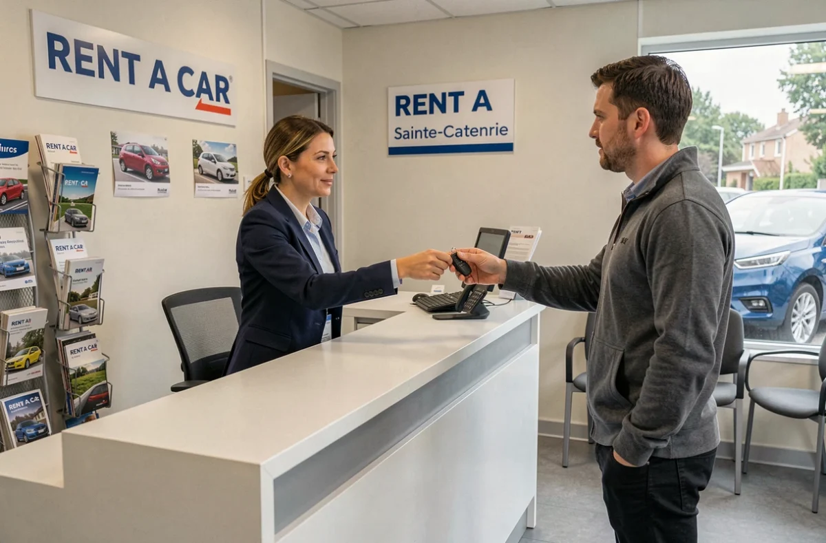 Remise de clés de voiture entre un agent Rent A Car et un client à l'agence de Sainte-Catherine