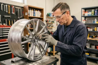 Technicien en atelier réparant une jante aluminium rayée avant application de peinture ou epoxy