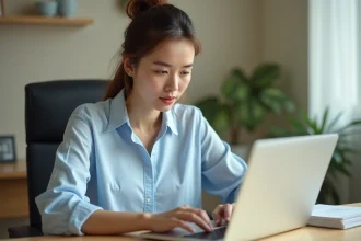 Jeune femme consultant les résultats de son examen du permis de conduire sur un ordinateur portable à son bureau