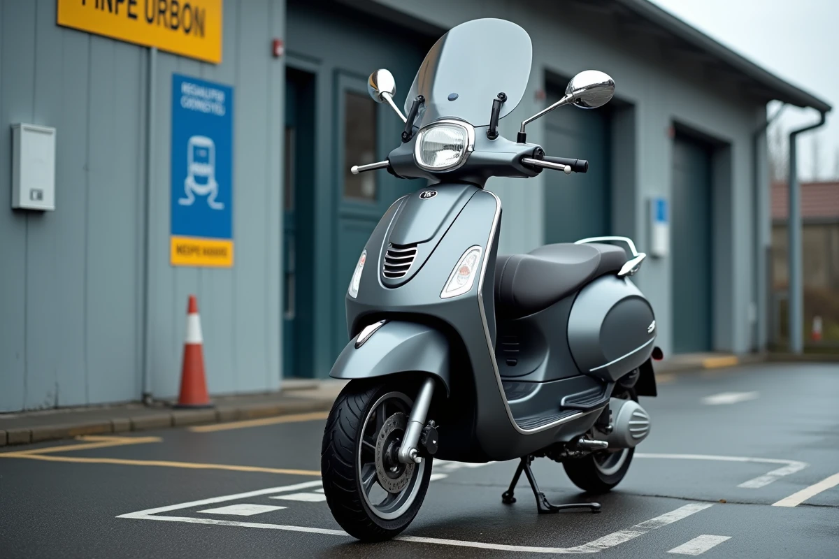 Scooter 125cc garé devant un centre de contrôle technique avec câble de diagnostic branché