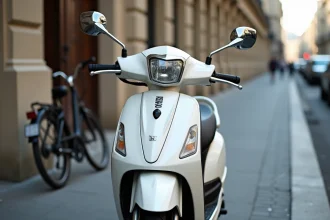 Scooter Honda 125cc blanc garé sur un trottoir parisien, vue 3/4 avant mettant en valeur le design moderne et le tableau de bord