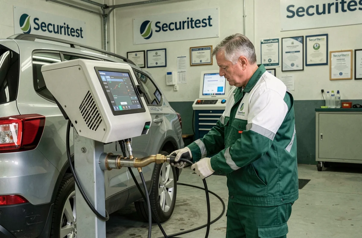 Technicien Securitest Bauchat Auto Bilan réalisant un contrôle des émissions d'échappement sur un SUV diesel dans un centre de contrôle technique agréé