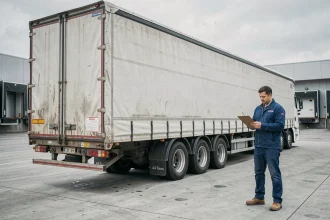 Semi-remorque bâchée 44 tonnes garée à quai dans une zone logistique avec chauffeur consultant des documents