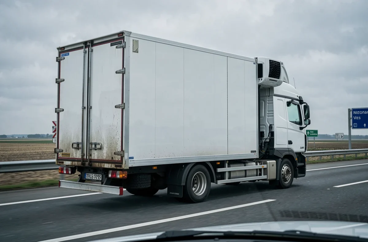 Semi-remorque frigorifique 44 tonnes en circulation sur autoroute montrant les parois épaisses et l'épaisseur de caisse isotherme
