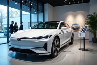 Showroom d'un concessionnaire de marque automobile chinoise en France avec une berline électrique blanche exposée sur sol béton poli