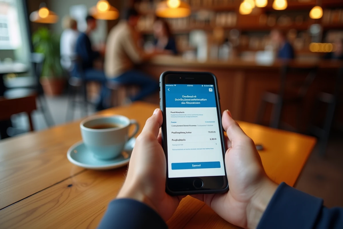 Mains tenant un smartphone affichant les délais officiels de résultats du permis de conduire en France