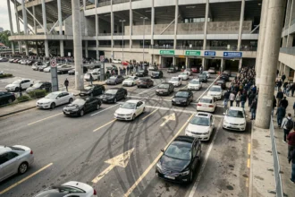 Vue aérienne du parking P2 du Stade de France avec des voitures sortant en file après un match