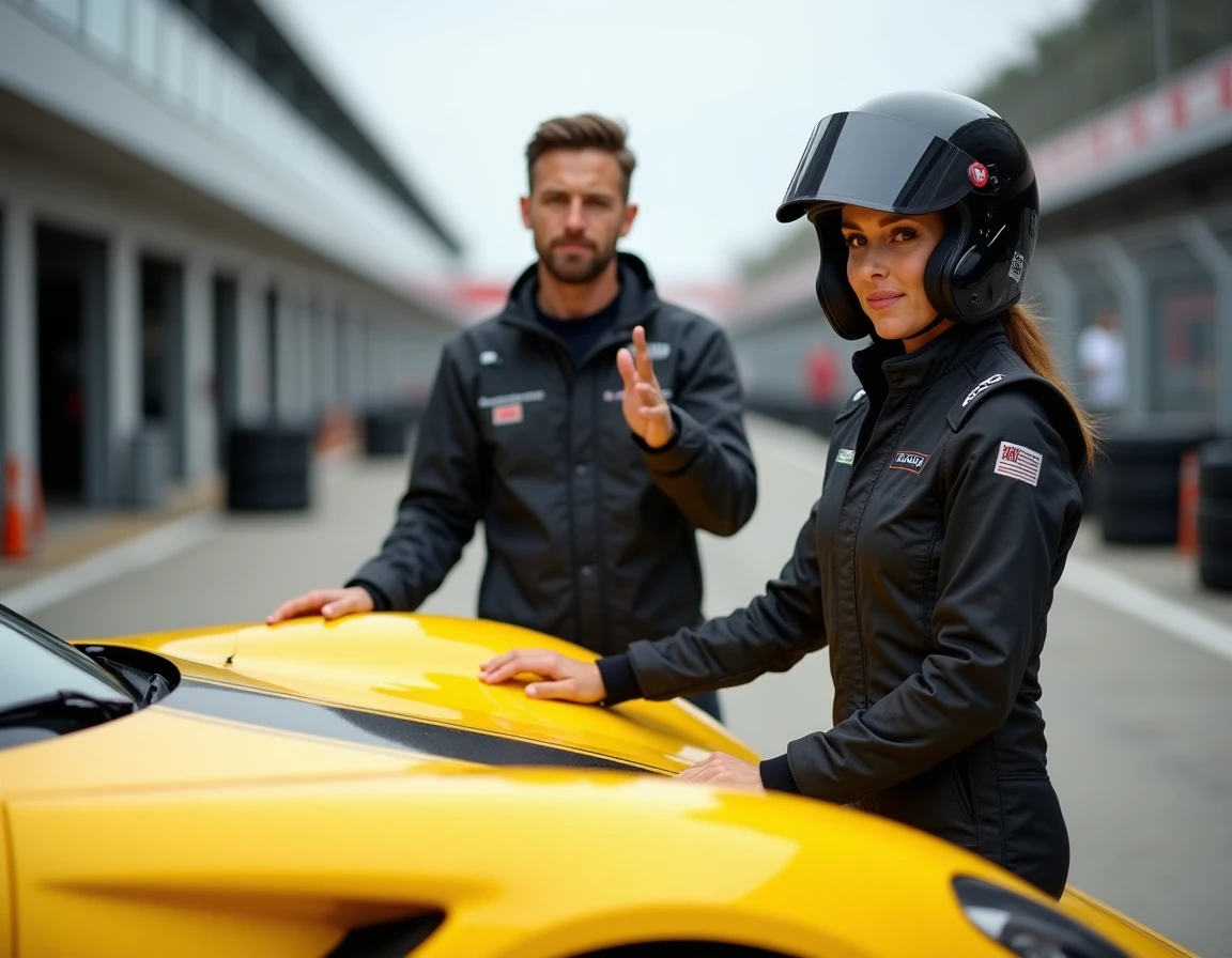 Stagiaire en tenue de pilotage debout à côté d'une voiture jaune dans la pit lane d'un circuit de course