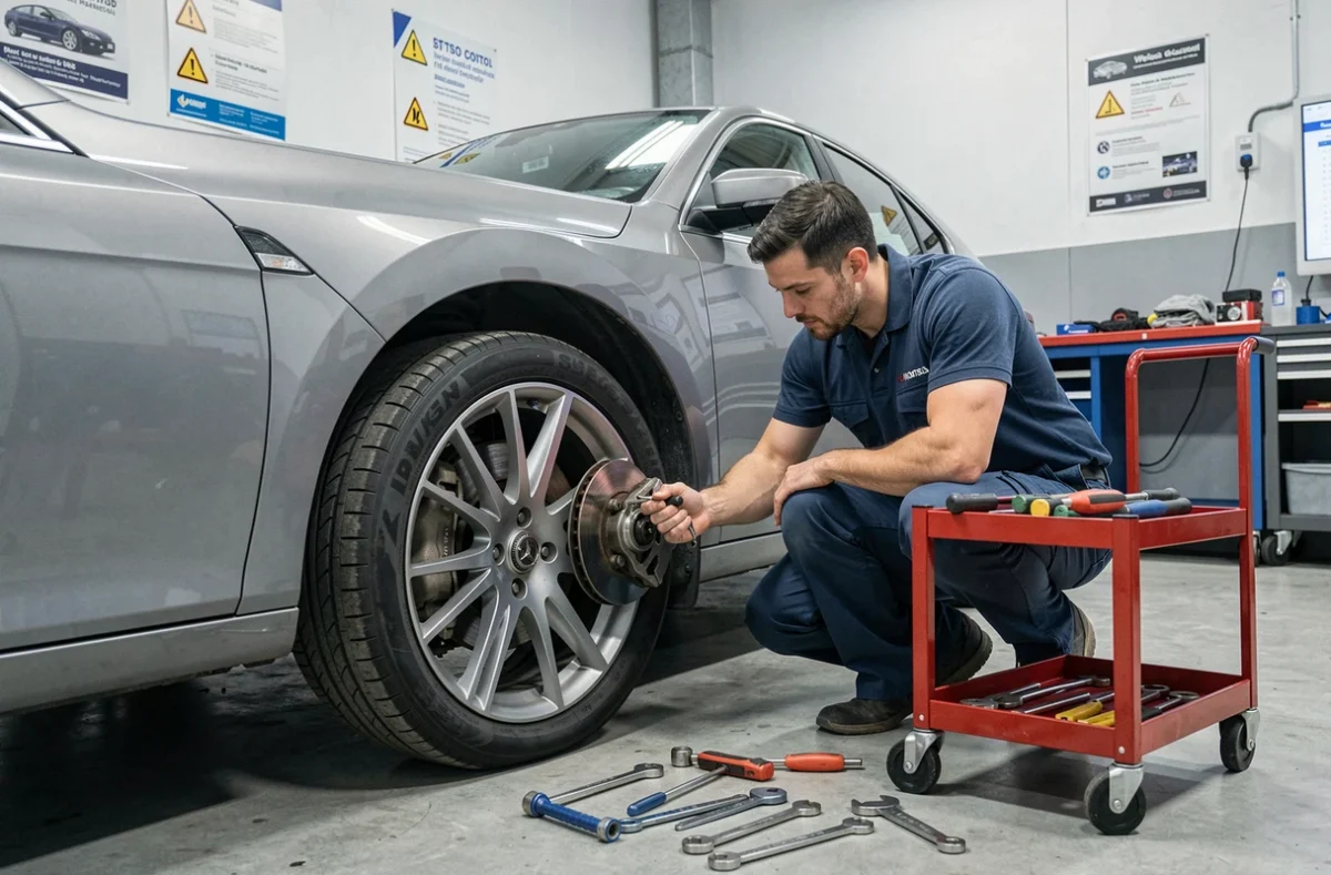 Technicien STS Control examinant le système de freinage d'une berline avec des outils professionnels dans un atelier de contrôle technique moderne